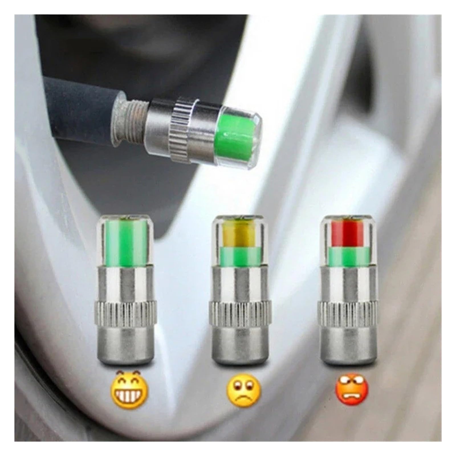 4PCS Tire Pressure Gauge Valve Caps 3-Color Alert Sensor