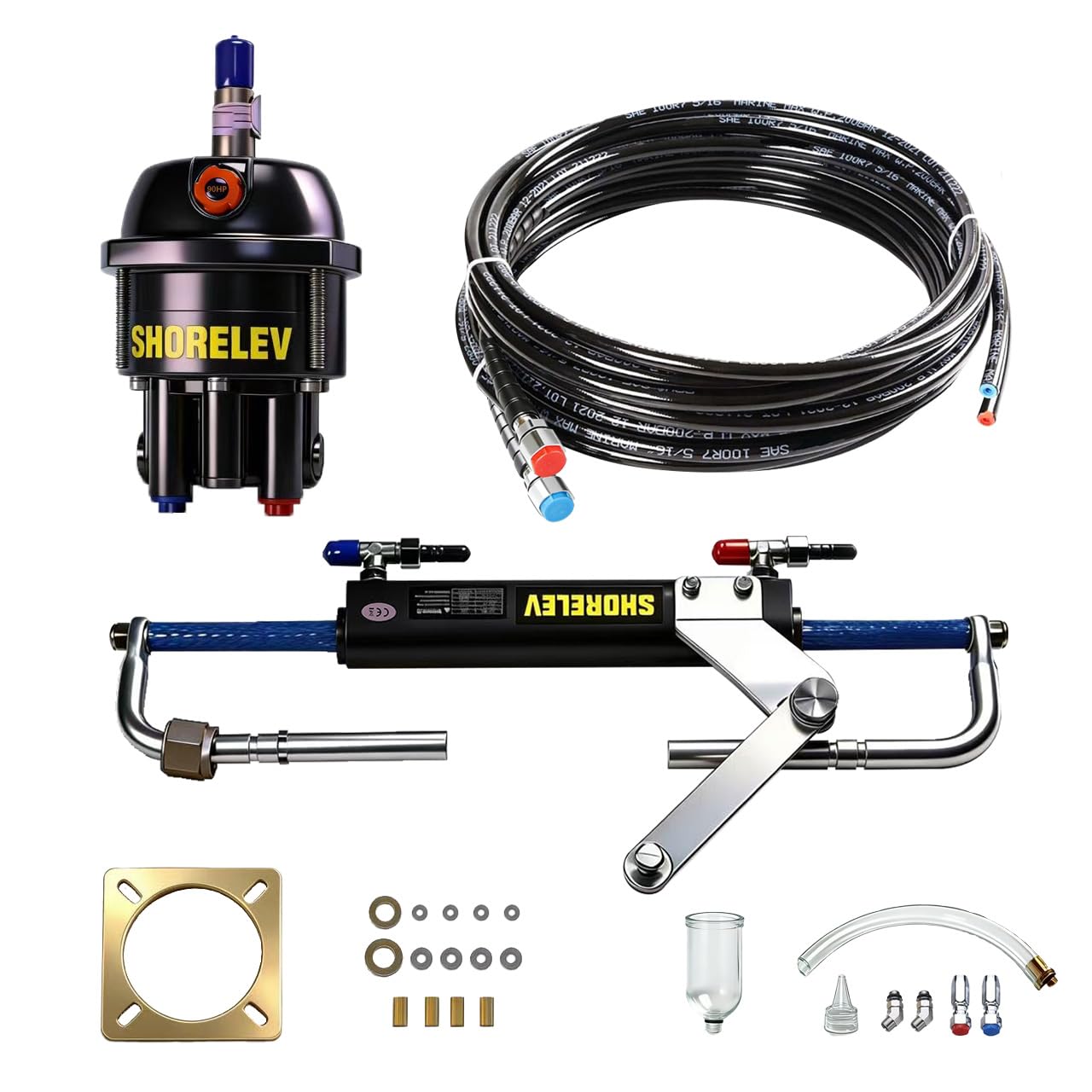 Hydraulic Steering Kit for Boats up to 90HP, 24ft Hose System with Pump &amp; Cylinder (Include Helm), Boat Hydraulic Steering System Compatible with Outboard Motors