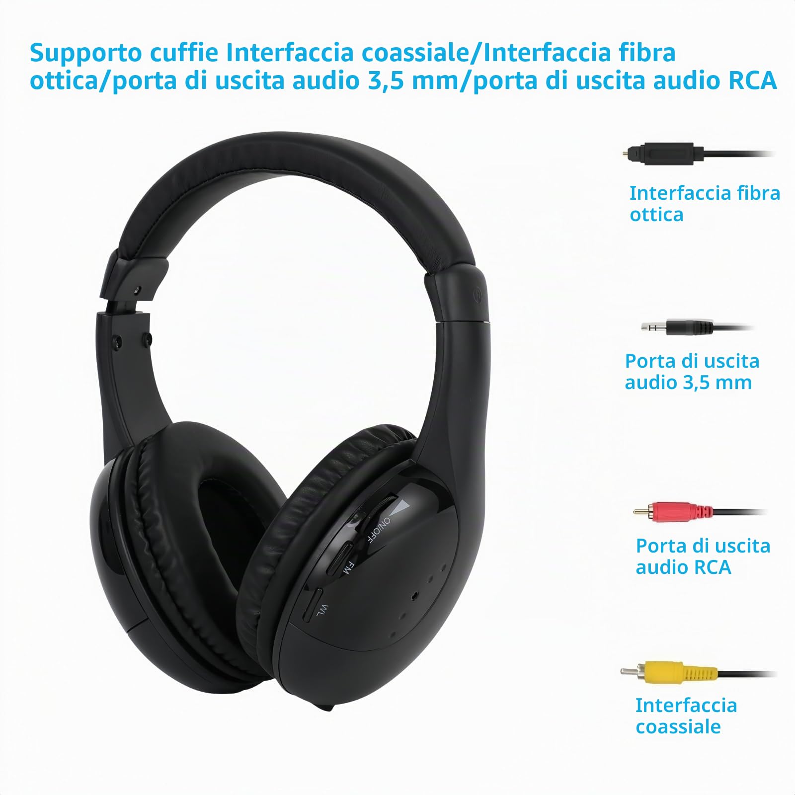 PROW TV Cuffie Over-Ear Senza Fili con Base Trasmettitore e Funzione di Monitoraggio Radio FM per Anziani, Supporto RCA, AUX, Porta Ottica e Coassiale