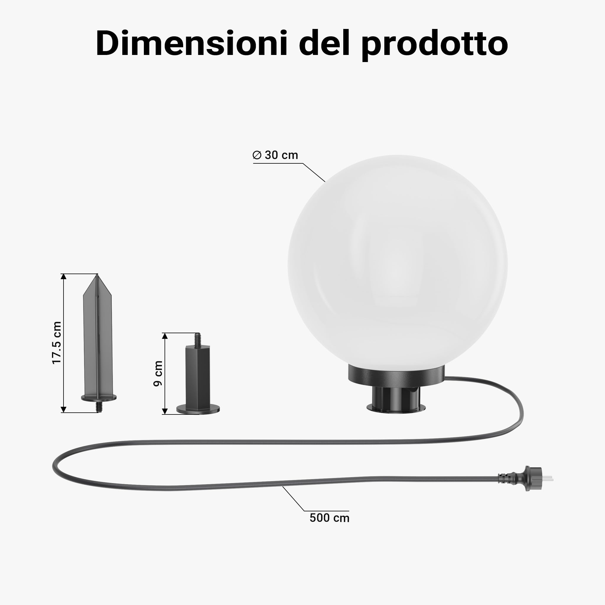 Wiltec Sfera luminosa per esterno Ø30 cm Lampada da giardino con picchetto IP44 40 W Attacco E-27