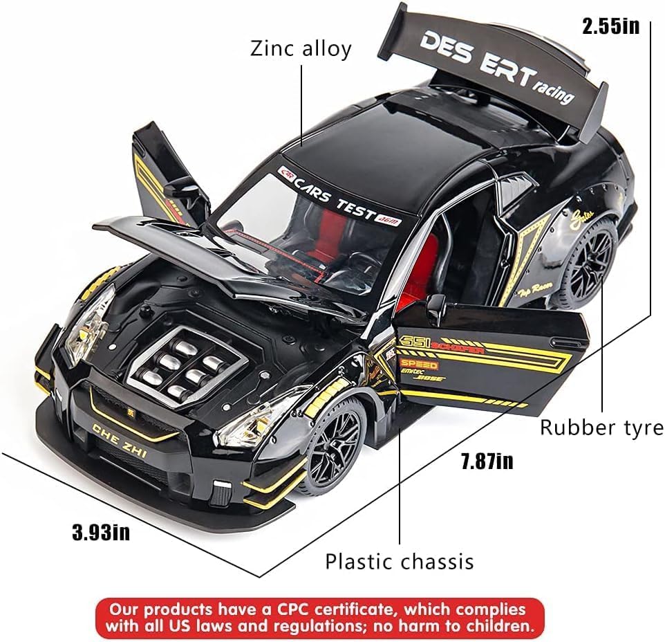 Image of Exclusive Alloy Metal Pull Back Die-Cast Car Diecast Metal Pullback Toy Car with Openable 6 Doors,Light Music Boys Gifts Toys (1:24 Nissan GTR - Black Color)