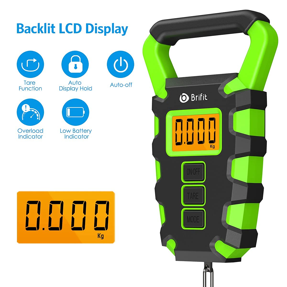 Brifit Pesca Digital, Báscula Electrónica para Equipaje, Báscula de Gancho Colgante Postal de Pesca Máxima de 55 kg con Cinta Métrica, Pantalla LCD Retroiluminada - Verde