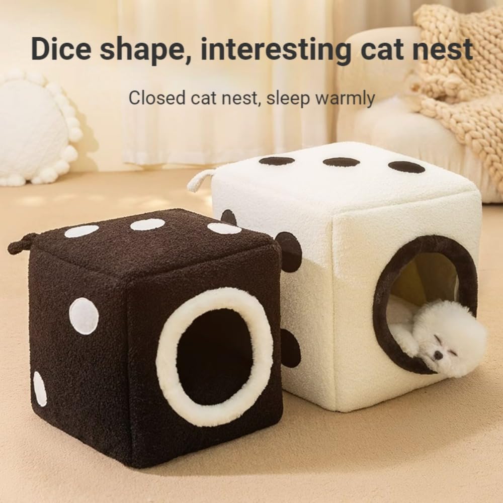 SSDHUA Cat Nest Dice Shape Cat House Closed Warm Cat Nest Removable Multifunctional Soft Cat and Dog Sofa Bed Indoor Warm Decoration Universal for All Seasons (S,White)