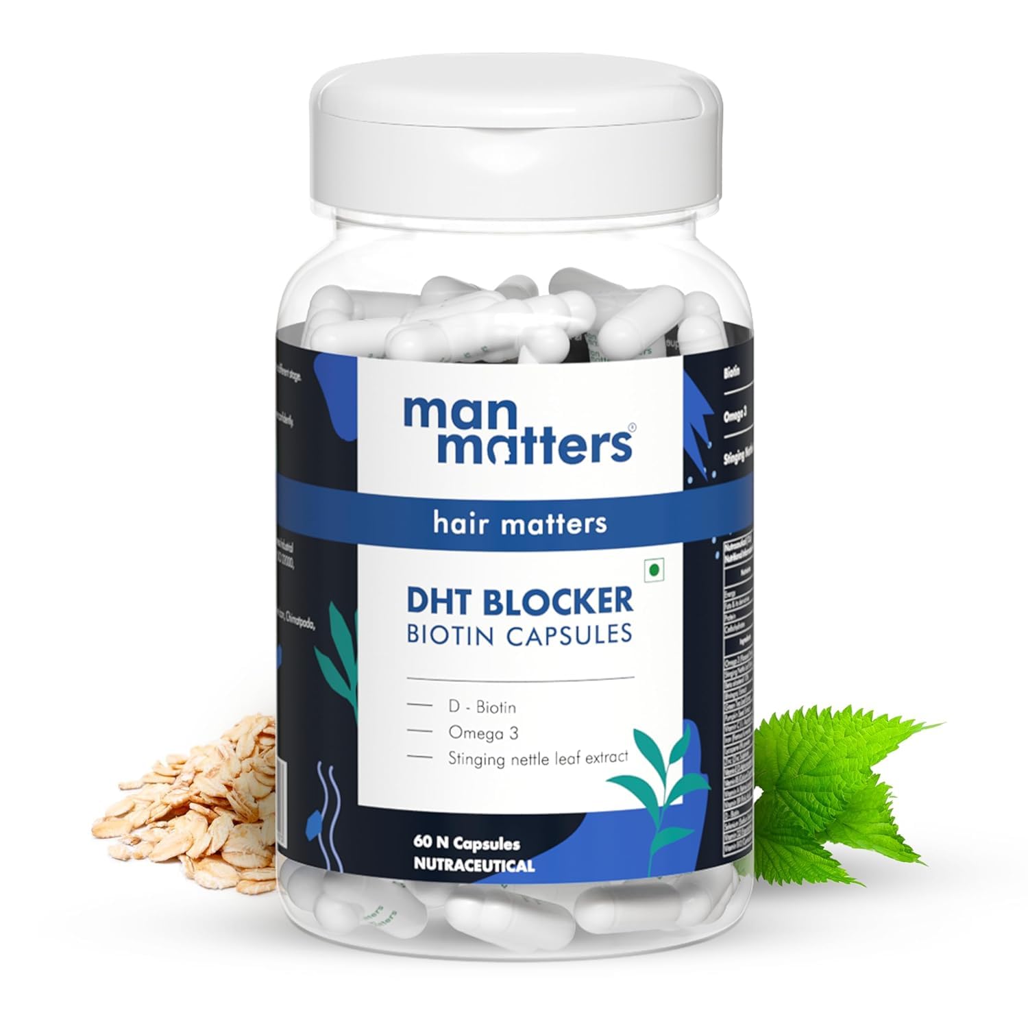Natural DHT Blocker Biotin Capsules | 60 Capsules | Controls Hair Fall & Promotes Hair Growth | with D-Biotin, Vitamins, Iron, Omega 3 and Stinging Nettle Leaf Extract