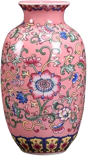 Small Ceramic Vase for Flower Handmade Elegant Vintage Chinese Hand-Painted Porcelain Decorative Pink Enamel Glazed Vases for Office Home Decor,H