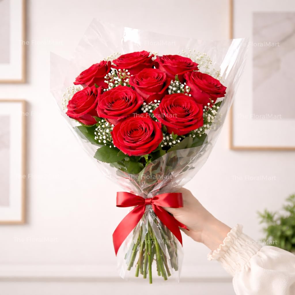 The FloralMart Real Fresh Flowers Bouquet with Seasonal Fillers and Leaves, Bunch of Roses in Beautiful Wrappings for Mothers Day Gift (08 Roses) (Red)