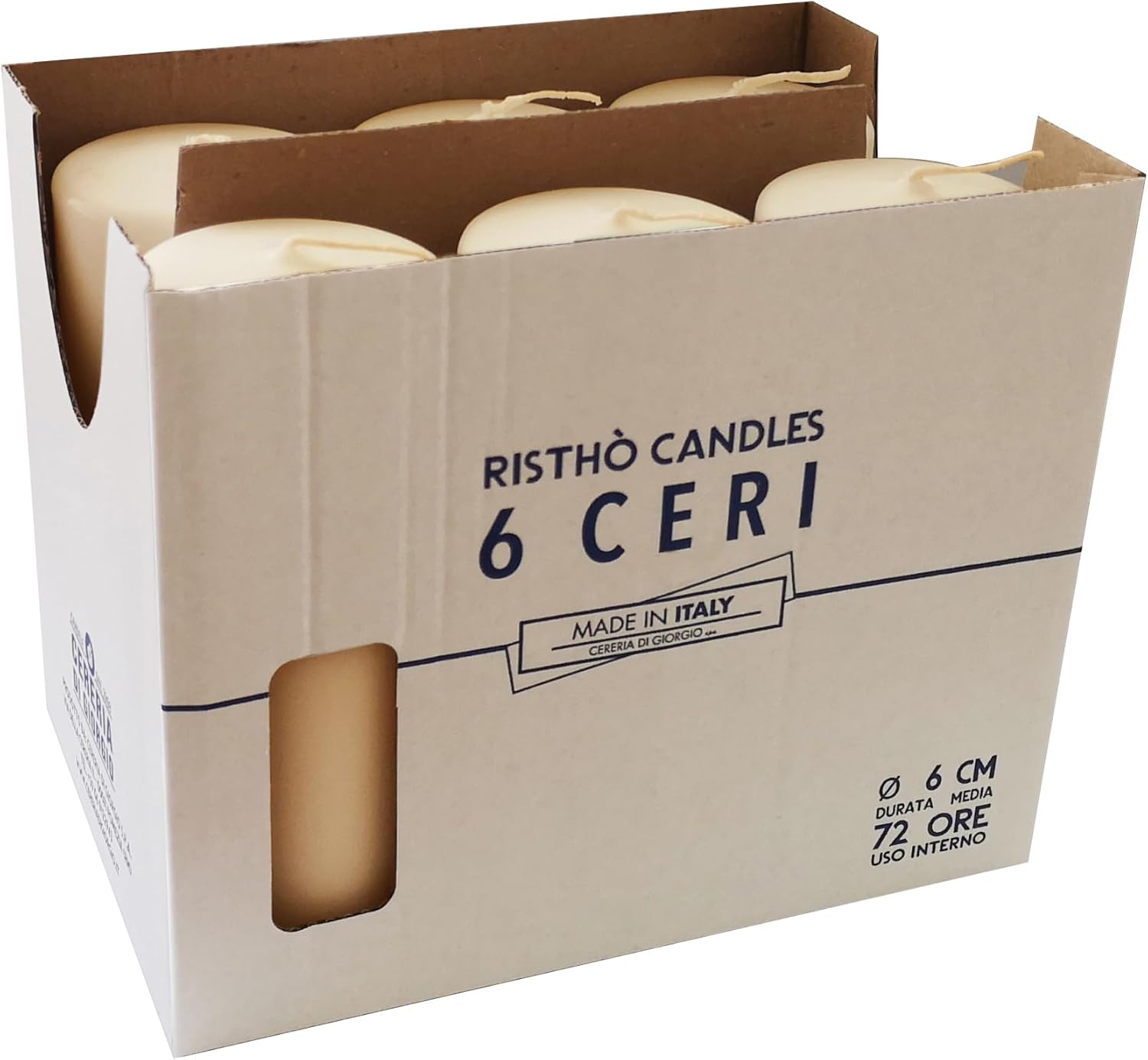 Pack of 6 Candles - Diameter 6 cm Height 15 cm - Colour Beige - Burn Time 72 Hours - Cereria Di Giorgio