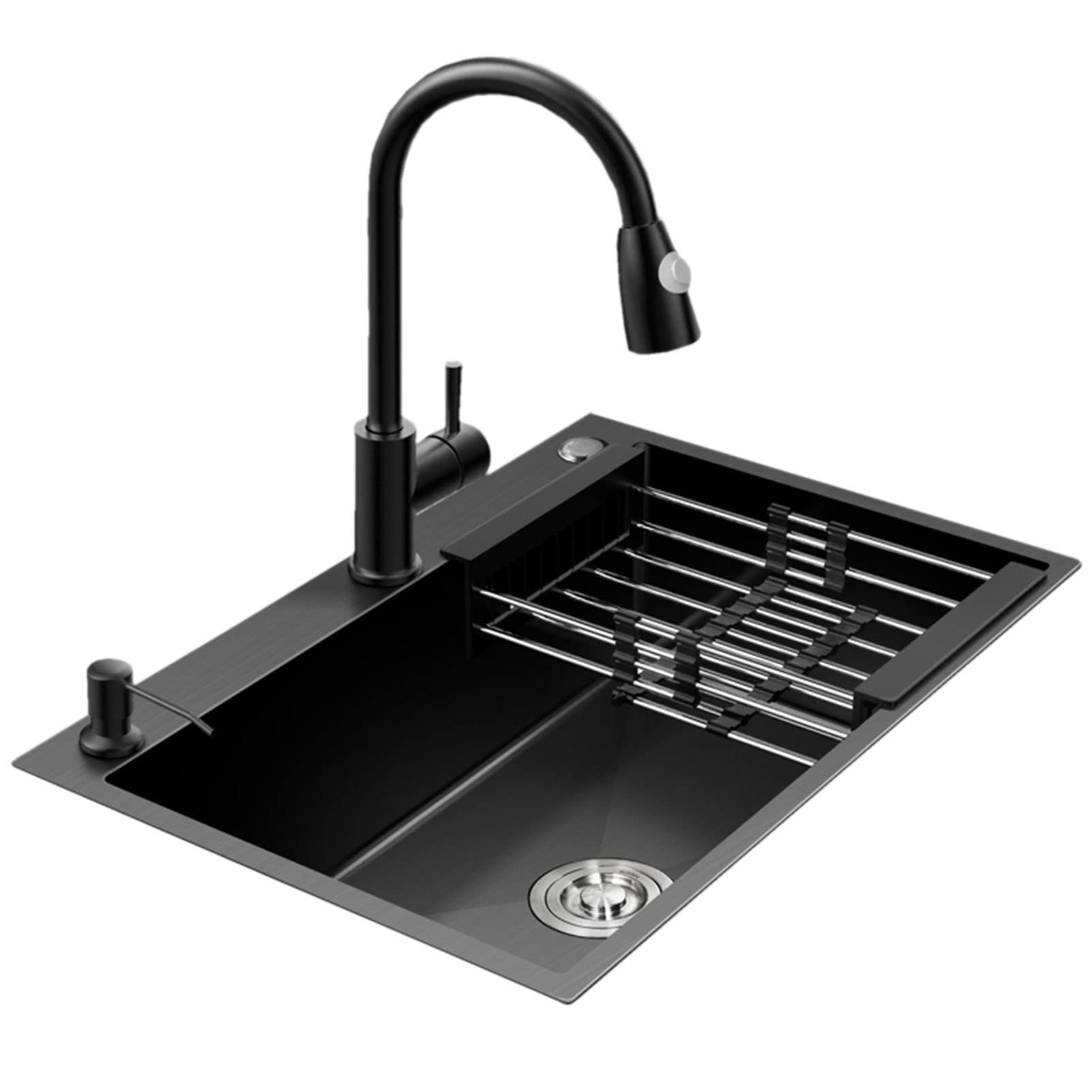 Lavello da Cucina Nero Grigio Lavello Quadrato Lavello in Acciaio Inox A 3 Fori Ispessimento con Rubinetto Estraibile E Accessori, Nero 72 * 45 Cm