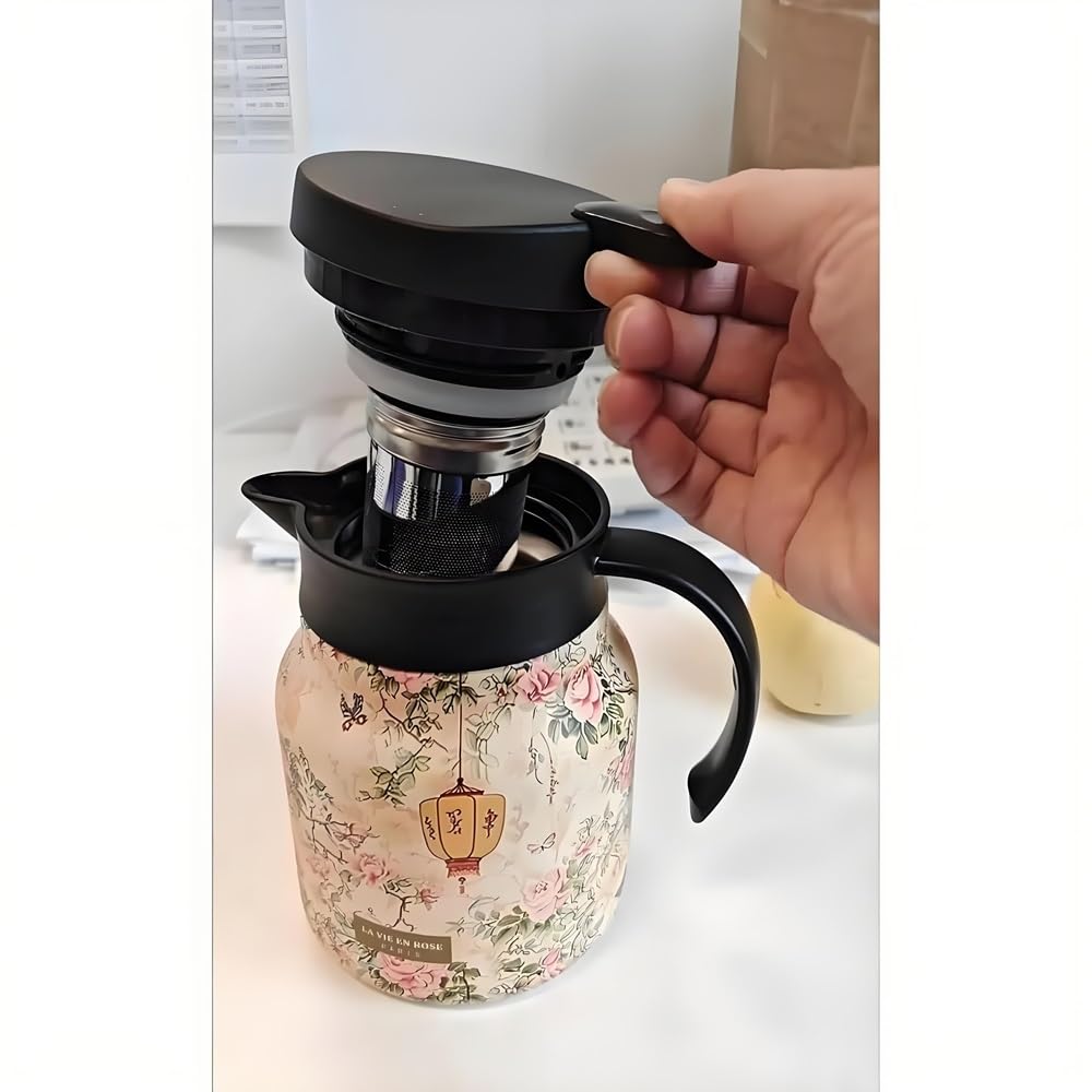 Thermos à Thé Raidley à Motif Floral Vintage Avec Infuseur Intégré, Théière Doresty Thermos,avec Infuseur,carafe Thermique En Acier Inoxydable De 1L Avec Couvercle Pour Boissons Chaudes (D