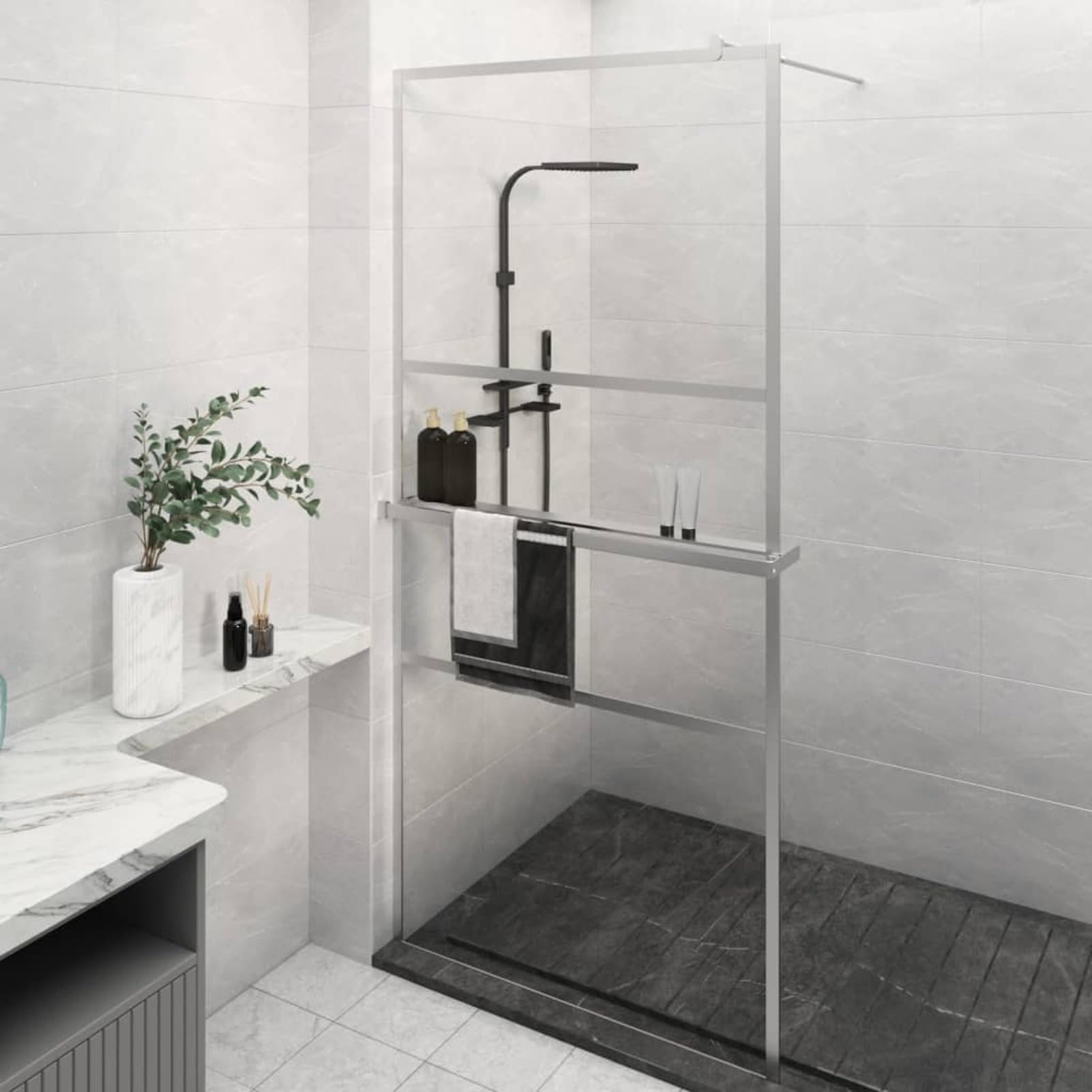 Paroi de douche avec étagère Homgoday en verre de sécurité ESG et cadre en aluminium
