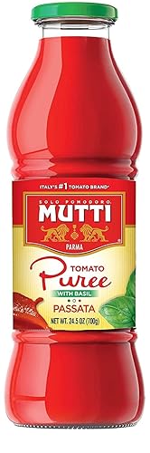 Mutti Puré de tomate con albahaca (Passata con Basilico), 24.5 onzas Marca de tomates #1 de Italia, sabor fresco, apto para veganos y sin gluten,