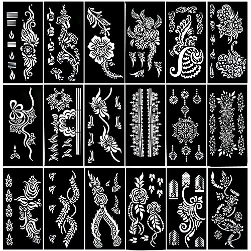 PADOUN 18-Sheet Henna Tattoo Stencils for Hands - Glitter Temporary Tattoo Templates, Indian Henna Tattoo Sticker Kit for Body, Arm, and Hand Painting