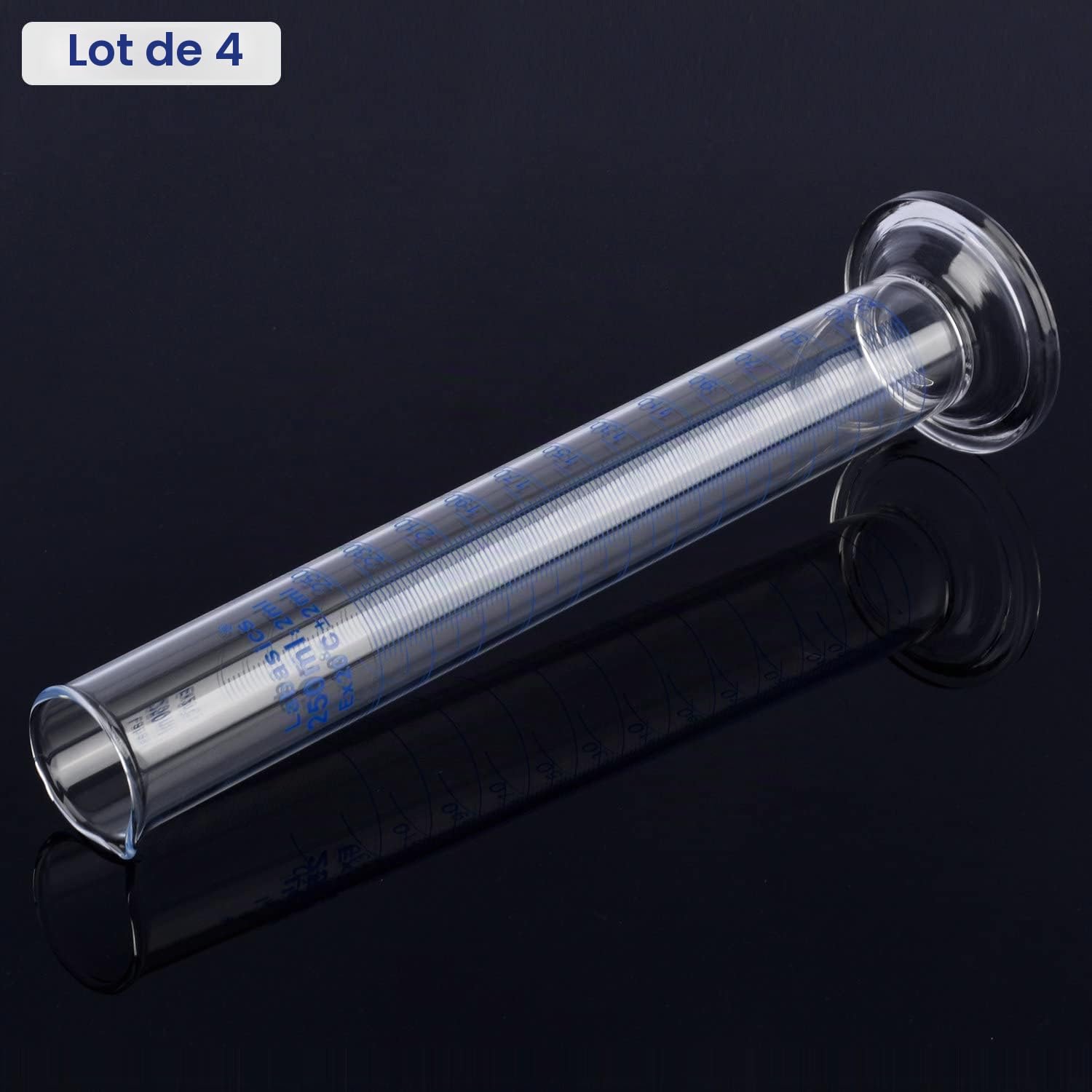Labasics Lot de 4 Éprouvettes Graduées en Verre Borosilicaté, 250 ml, Cylindre Gradué à Paroi Épaisse, Verrerie de Laboratoire, Bec Verseur