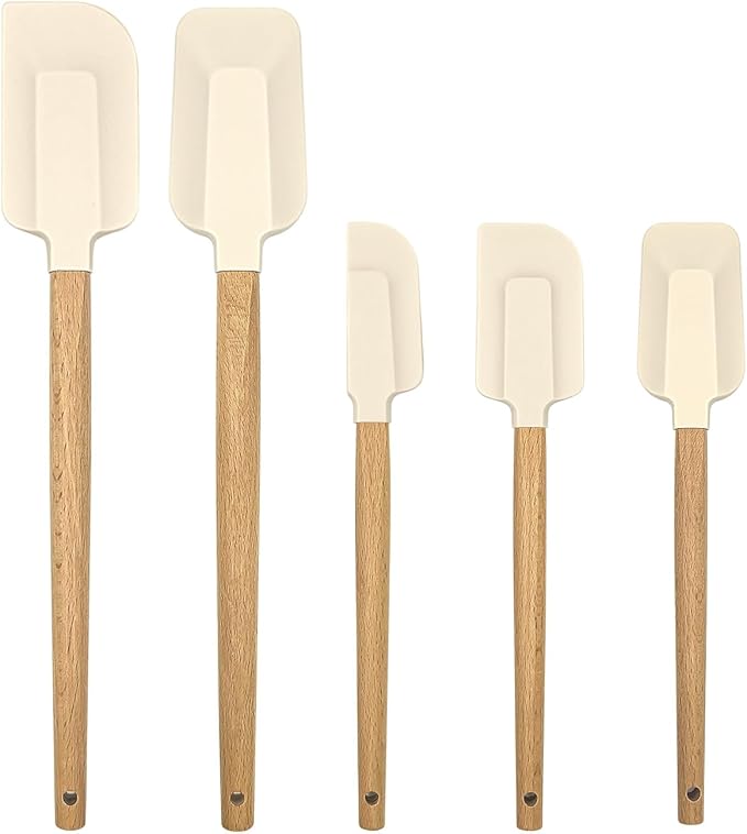 Ptanexx 5-Pcs Wooden Handle Silicone Spatula Set - Heat Resistant up to 428°F.Baking Spatulas for Batter Mixing, Cooking, Jar Scraping, Frosting & More | BPA FREE Gadgets for Non-Stick Cookware