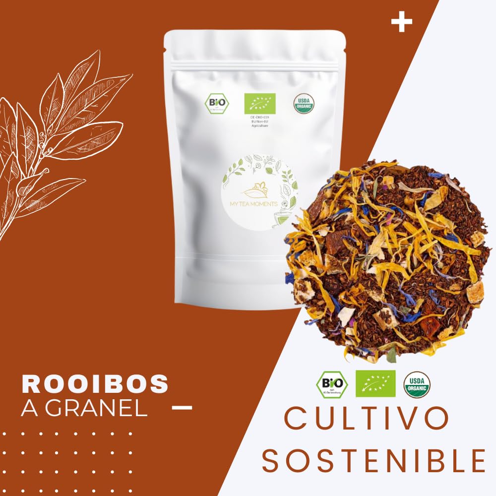 Rooibos de Frutas Exóticas y Vainilla a Granel 100 Gramos - Cultivo Sostenible - Ingredientes Naturales: Aciano, Albaricoque, Caléndula, Mango, Miel, Naranja, Papaya, Pimienta, Plátano, Vainilla.