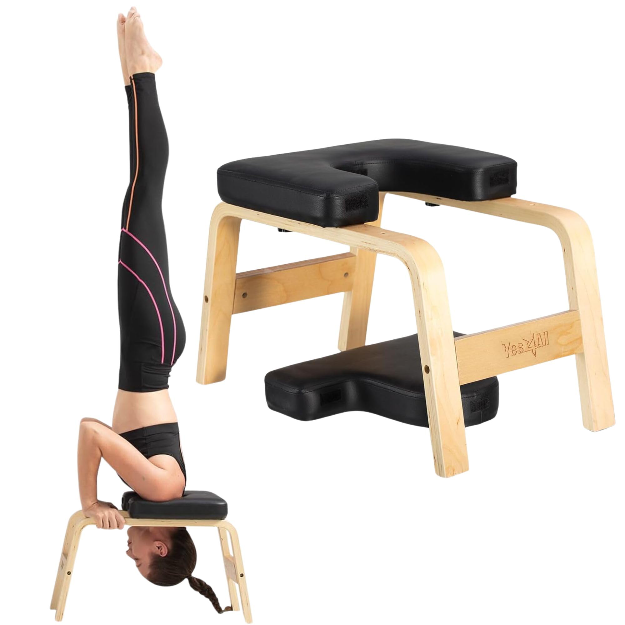 Yes4All Yoga Headstand Bench, Wooden Yoga Inversion Chair with PU Pads and Thickness Foam, Yoga Inversion Bench for Balance Training Core Strength, 24.6