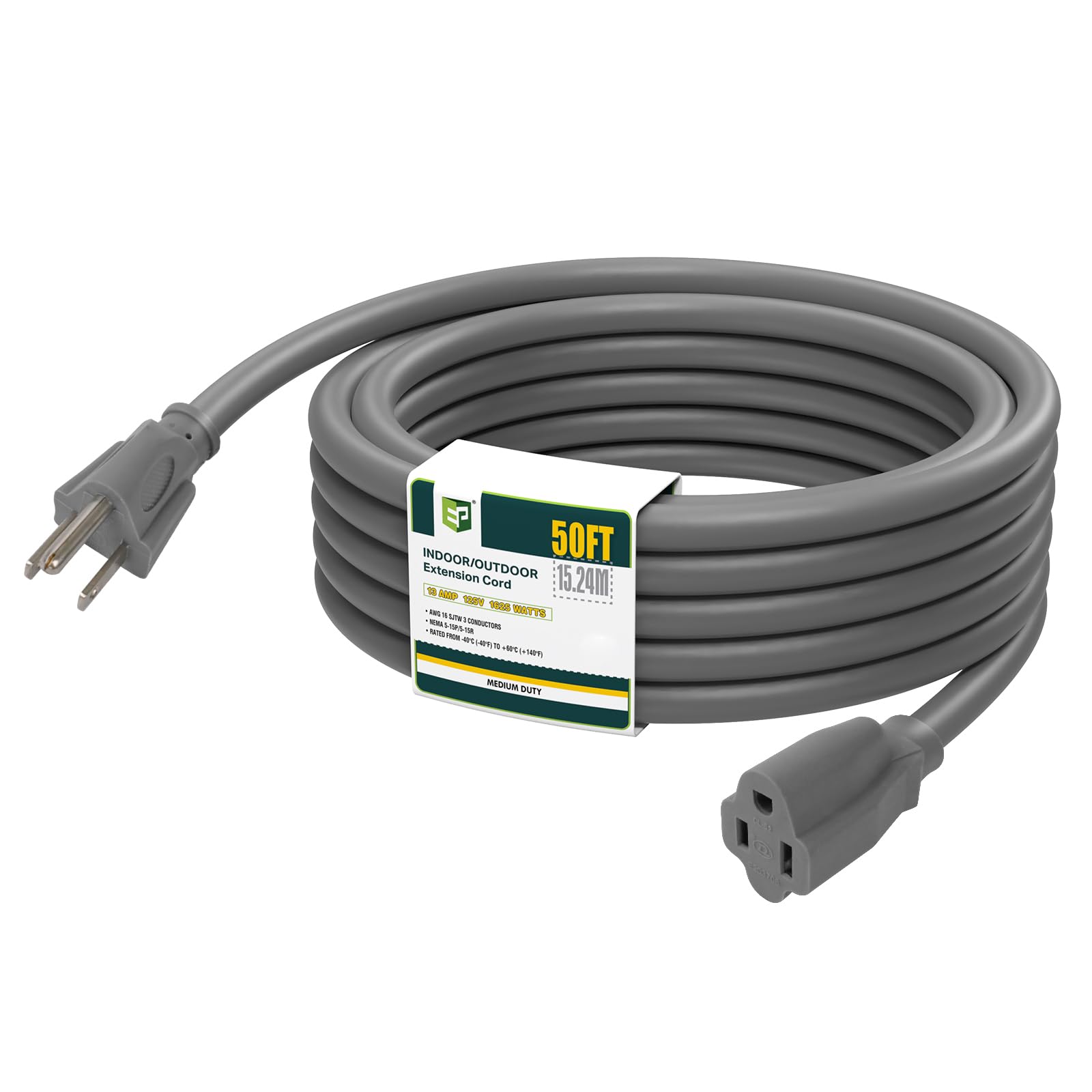 EP 50 FT Outdoor Extension Cord, 16/3 SJTW Heavy Duty Grey, ETL Listed
