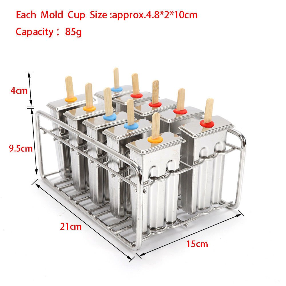 10PCS Ice Cream Pop Molds Stainless Steel Ice Popsicle Stick Holder Ice Pop Makers With Tray Double Slot