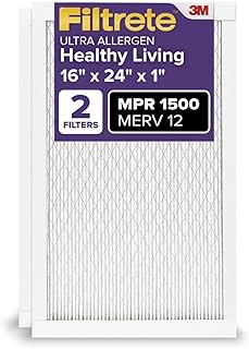 Filtrete 16x24x1 AC Furnace Air Filter, MERV 12, MPR 1500, CERTIFIED asthma & allergy friendly, 3 Month Pleated 1-Inch Electrostatic Air Cleaning Filter, 2-Pack (Actual Size 15.81x23.81x0.78 in)