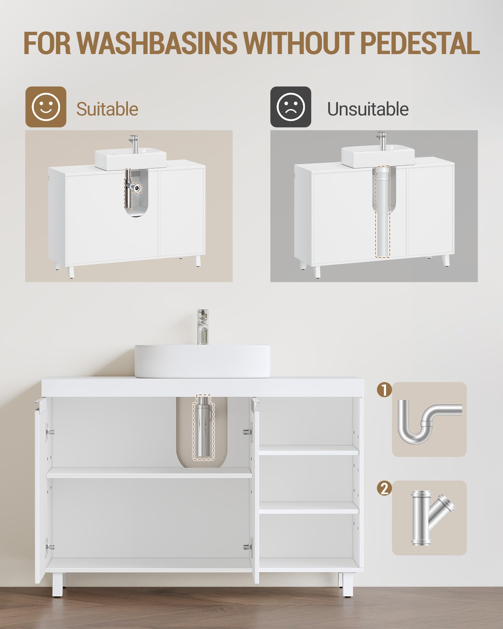 Hzuaneri Waschbeckenunterschrank, 30 x 90 x 64 cm, Badezimmerschrank mit 2 Türen und 3 offene Fächer, Unterschrank mit verstellbaren Ablagen, Freistehend Waschtischunterschrank, Weiß BC28903X