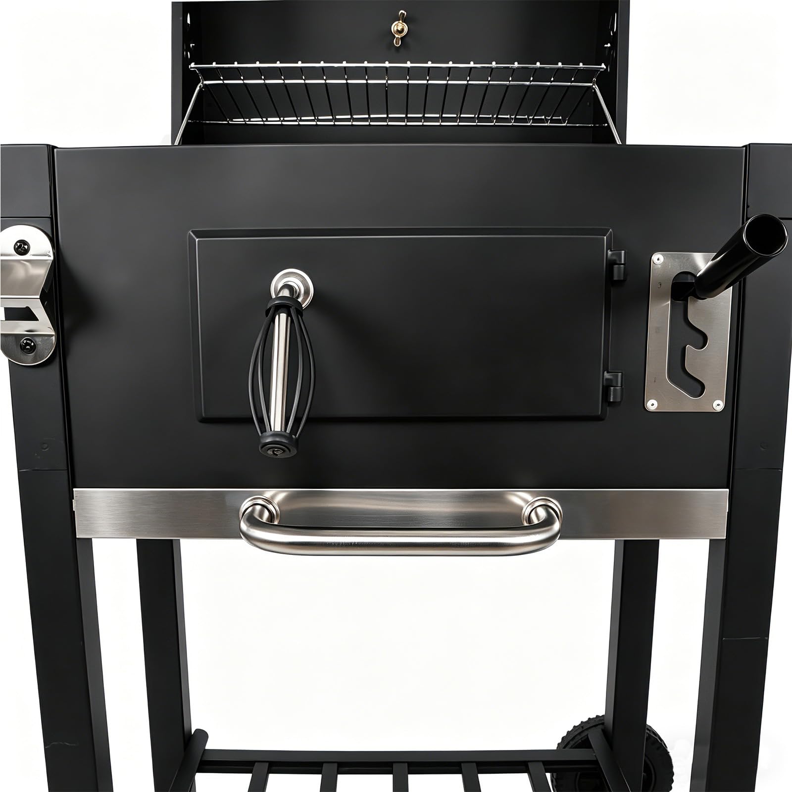 LQWELL Grillwagen, Holzkohlegrill BBQ Smoker Trolley, Standgrill mit Deckel, Edelstahl-griff, Grillrost, Thermometer, Flaschenöffner und Rädern, Maße ca. L109 x W54 x H94.5 cm, Schwarz