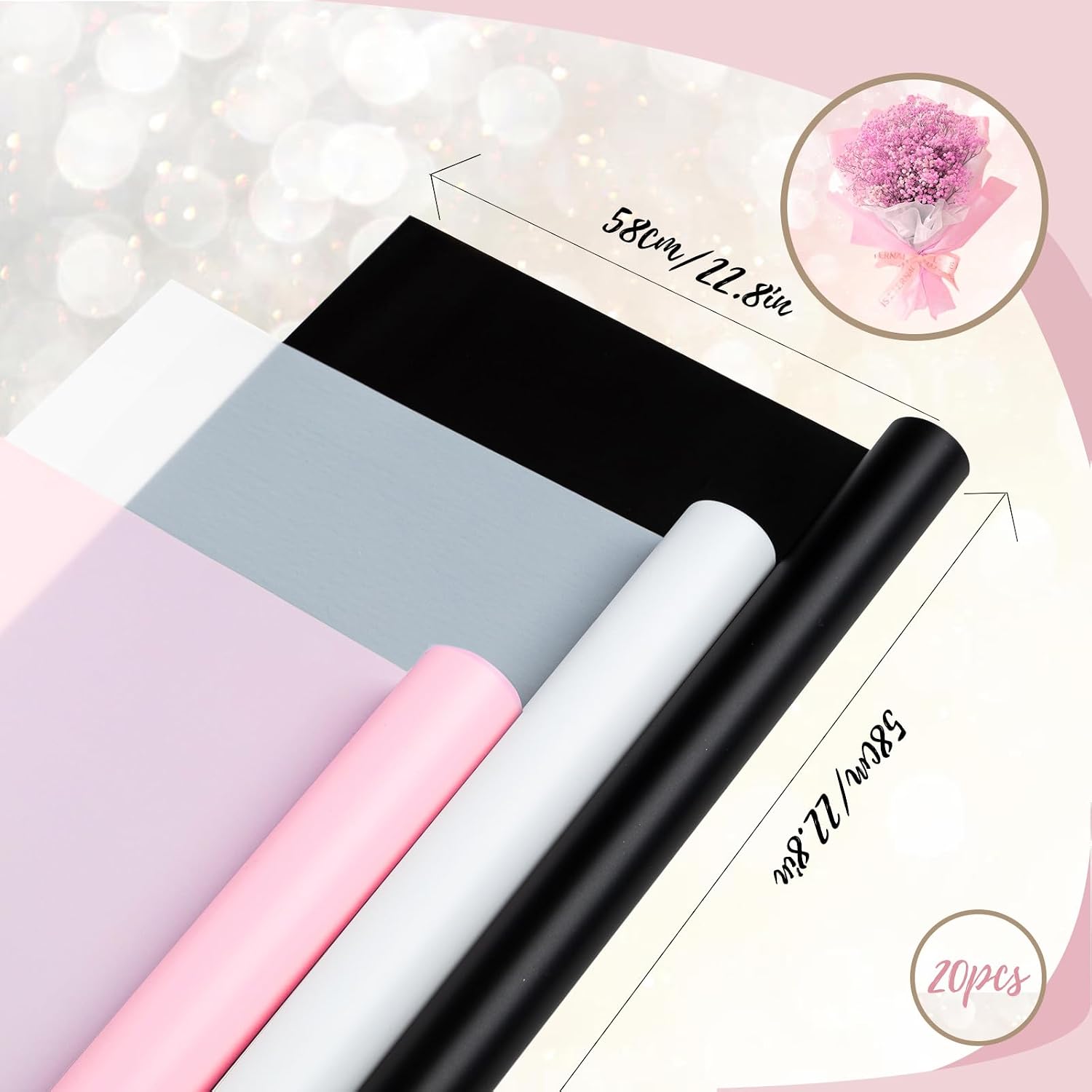 Gloreyan 20 Sheets Flower Wrapping Paper, Pink Florist Bouquet DIY Craft Fresh Flower Bouquet Wrap Waterproof Floral Wrapping Gift Box Packaging Material Florist Supplies, 22.8 * 22.8 Inches(Pink) image 4