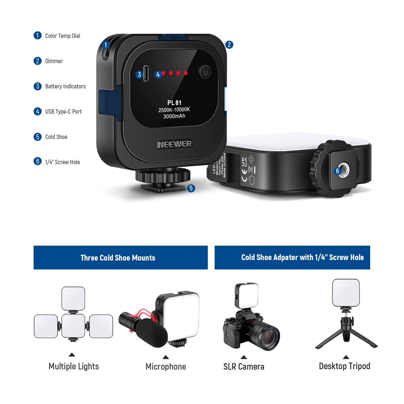 NEEWER Videokonferenz Licht, 3000mAh Akkus, 2500K-10000K CRI95+, USB Webcam LED Leuchte, Selfie Licht Clip-On Handy/Laptop/PC, Fotos/Zoom Meeting/Live Streaming/TikTok Beleuchtung, PL81