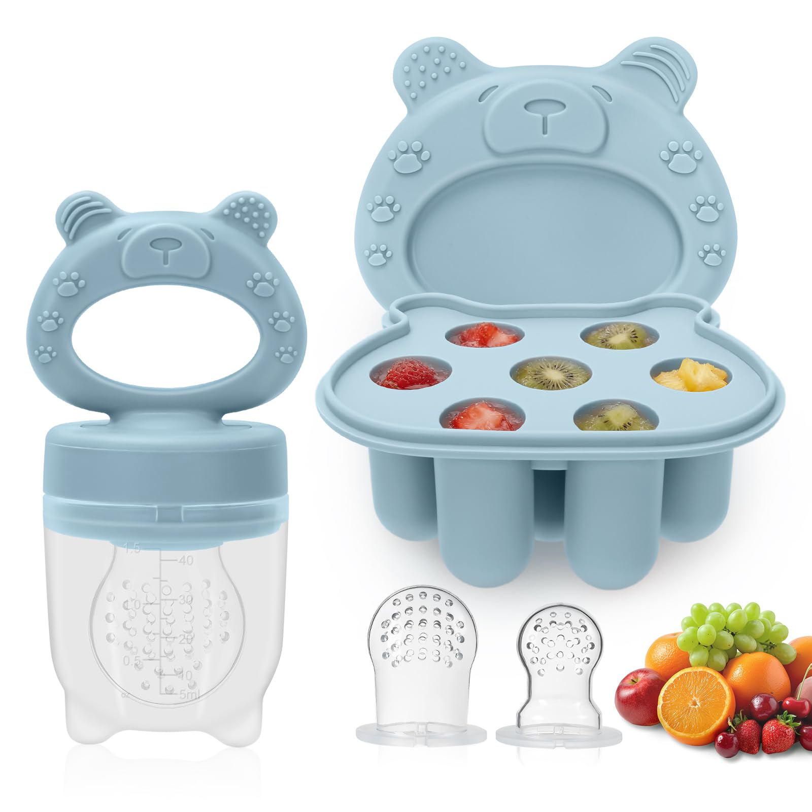 MR.TIMELAG Fruchtsauger Baby | Beißring für Obst Gemüse Brei Beikost, BPA-frei, Babybrei Einfrieren Behälter für Babynahrung Muttermilch, Zahnungshilfe, mit 3 Sauger (G/M/K) Blau