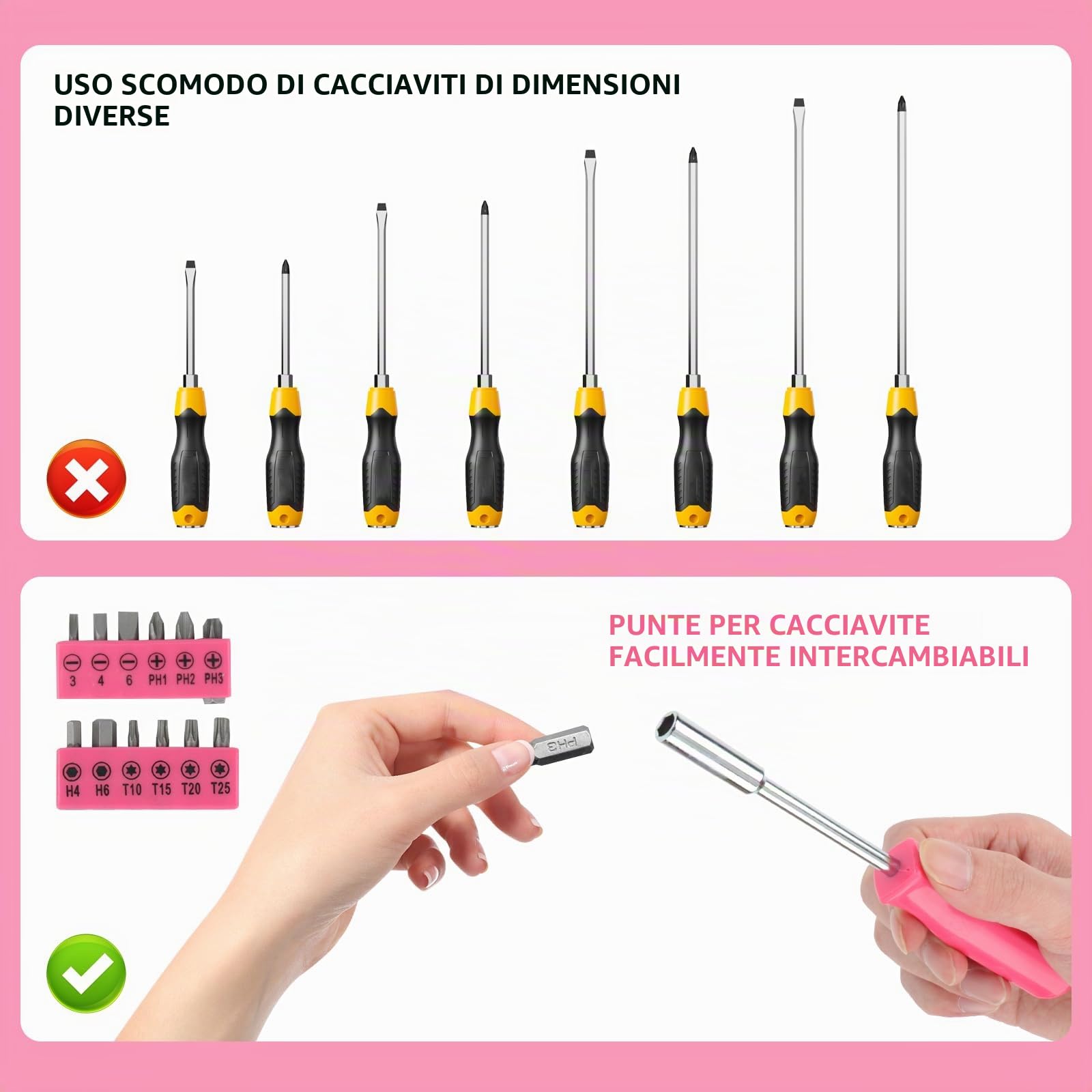Cassetta Attrezzi Completa Rosa, Valigetta Attrezzi Completa | Valigia Porta Attrezzio, Cassette Porta Attrezzio, Regali Rosa per Donne Uomini, con martello, pinze, cacciaviti, punte, ecc