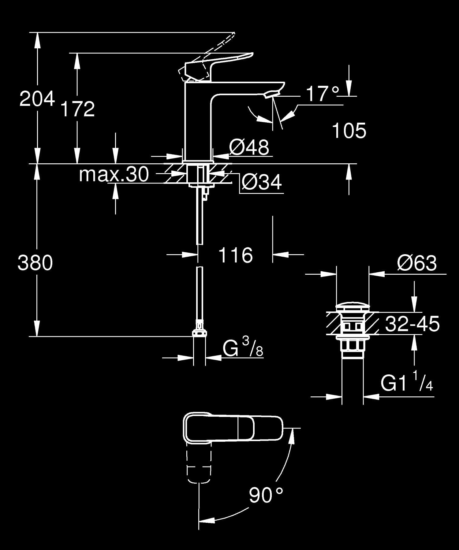 GROHE Dice Grifo de Lavabo M con Desagüe Push-Open (Cartucho Cerámico 28 mm, Ahorro de Agua y Energía, Conexiones 3/8", Fácil de Instalar QuickTool Incluido), Negro Mate, 1018362430
