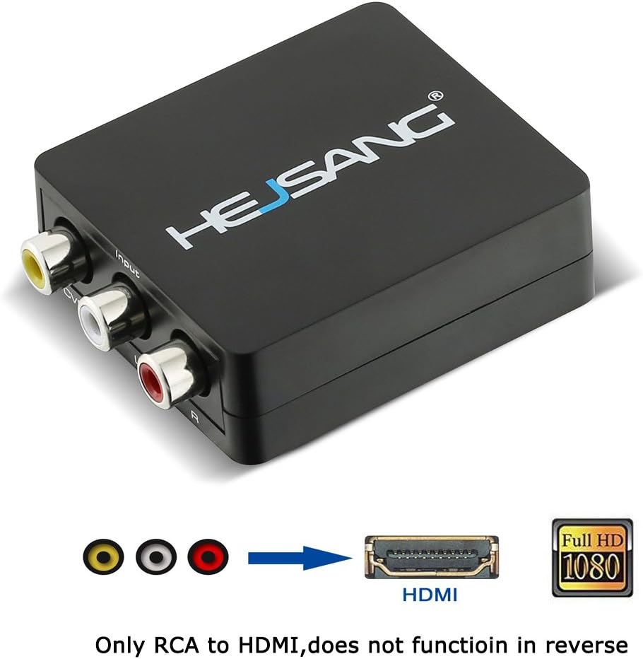 HEJSANG 3 RCA CVBS Composite AV to HDMI Converter Audio Video to HDMI Converter Adapter Upscaler 720P 1080P with USB Charge Cable Support PAL/NTSC for TV/ PC/ PS3/ STB/ Xbox VHS / VCR / Blue-Ray DVD Players