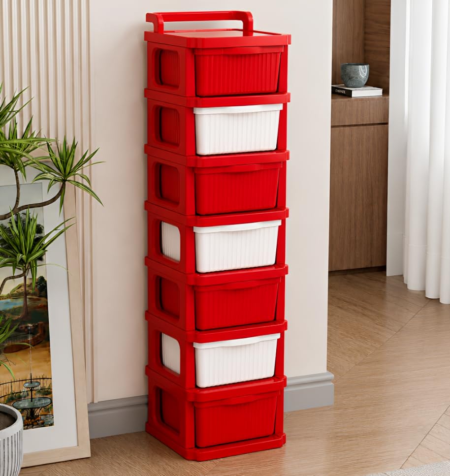 Image of JD FRESH 7 Tier Plastic Storage Drawer Cabinet with Wheels /Plastic Storage Drawer /Multipurpose Chest of Drawer /Storage Box for Living Room, Office and Home /Toys Organizer for Kids Room (Red)