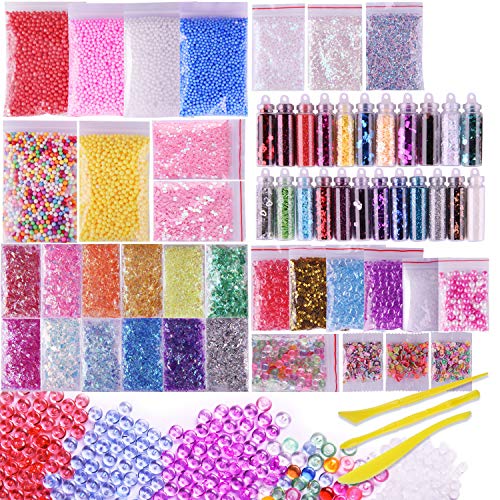 VIVOE Slime Supplies Kit - 60 Packs Slime Beads Charms Include Foam Balls, Fishbowl Beads, Glitter, Fruit Slices, Pearls, Slime Mylar Flake for Arts Crafts Ornament, Homemade Sli(60 pack Supplies Kit)