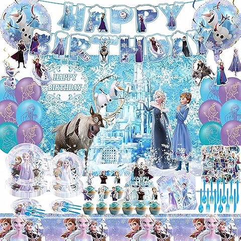 Frozen Birthday Party Supplies, Frozen Party Favor Decorations Include Banner, Foil Balloons, Tablecloth, Plates, Napkins, Stickers, Backdrop for Girls, Sever 10 Cover