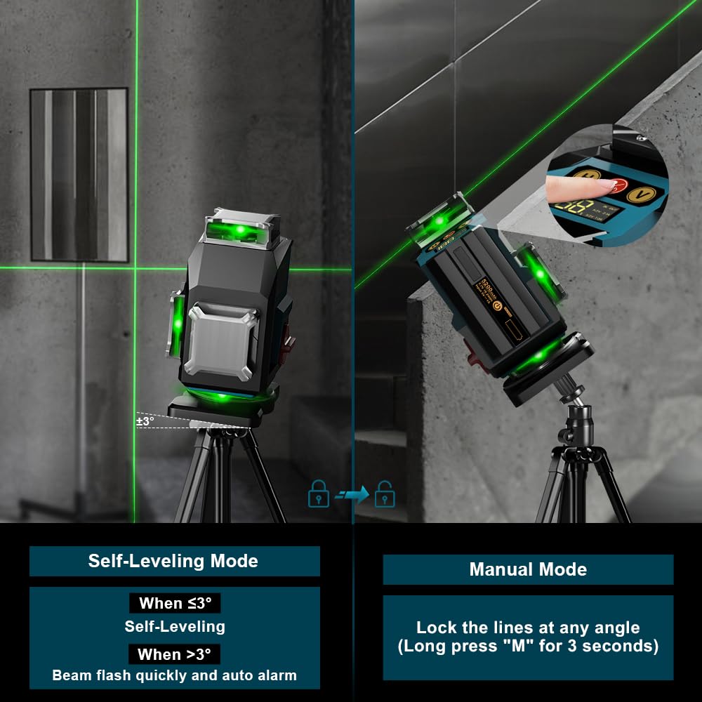 Nivel Laser Autonivelante 360 Grados con Trípode, Nivel Láser Verde 16 Líneas, 2 x 360 Horizontal y 2 x 360 Verticales, 2 x 5200mAh Batería, Control Remoto, Base Magnética, Soporte Giratorio