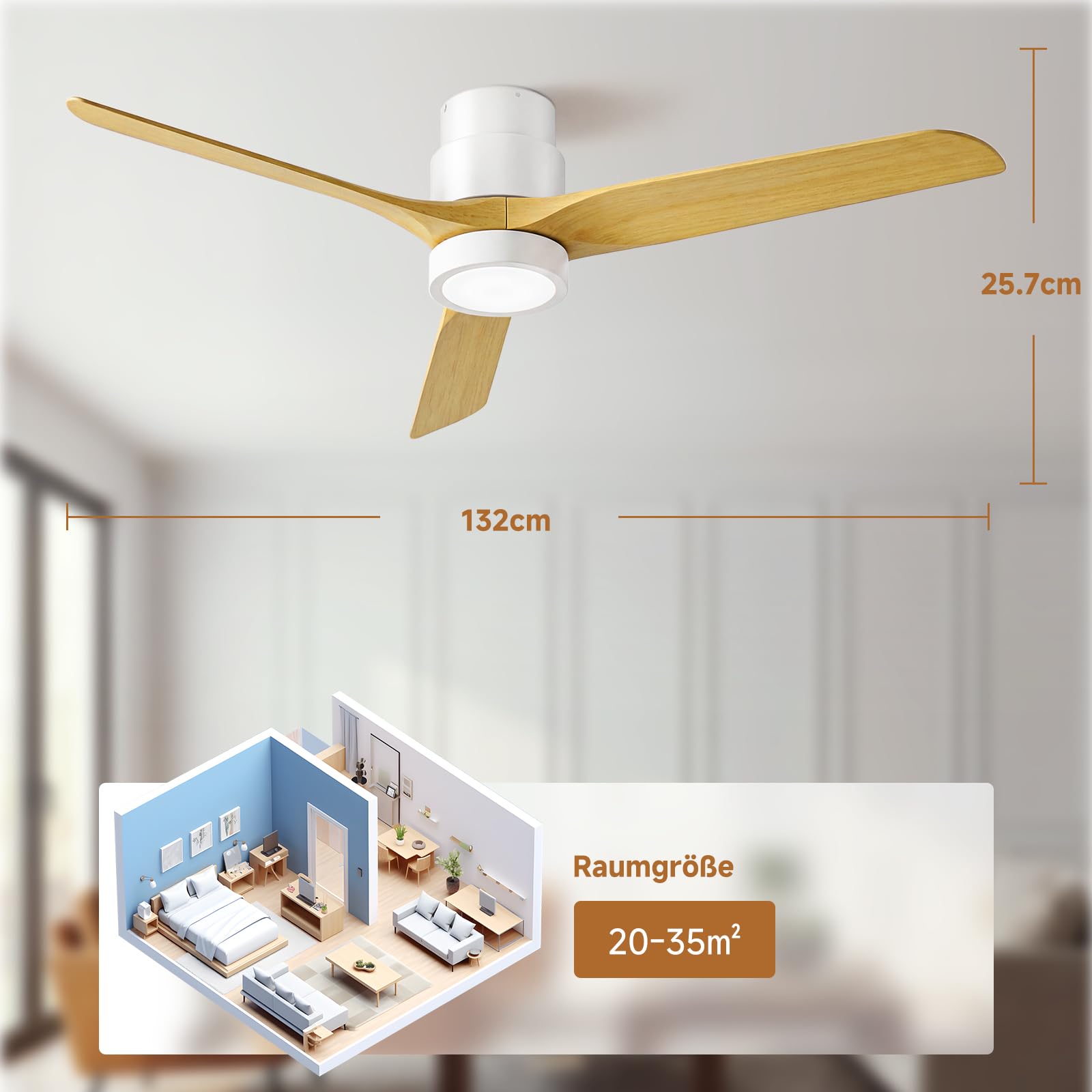 Ateroll 132 cm Deckenventilator mit Beleuchtung und Fernbedienung, DC-Motor, 6 Geschwindigkeiten, Timer, dimmbares LED, Sommer-Winterbetrieb