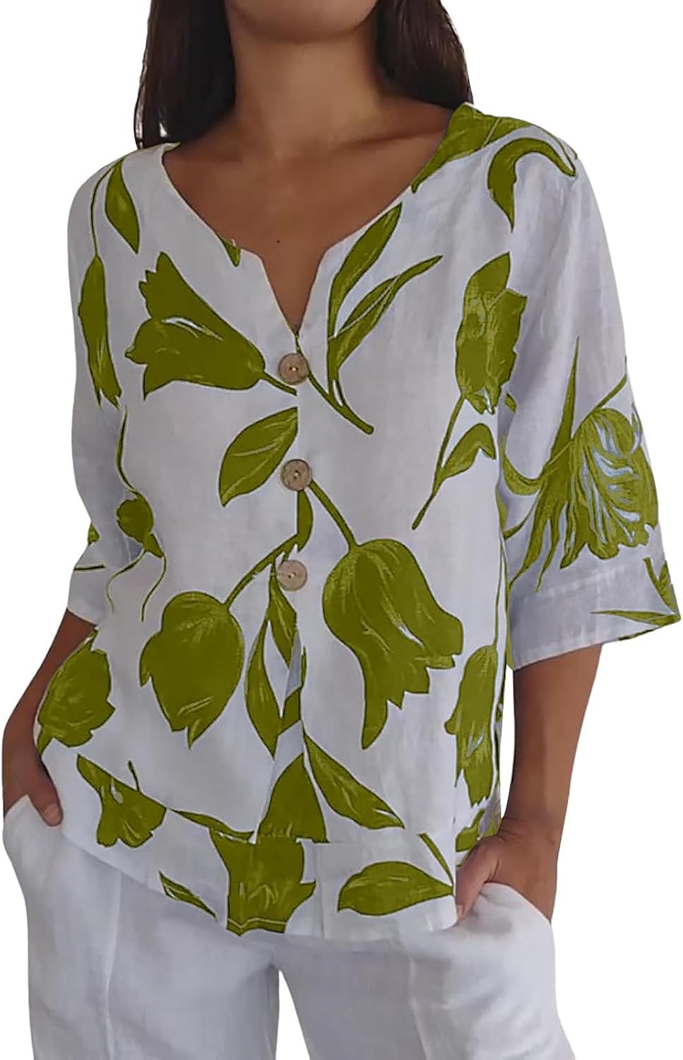 Womens Linen Tops Short Plus Size Spring Blouse Clearance Linen Shirts for Women Summer Cotton Linen V Neck 3/4 Sleeve Top Loose Vacation Beach Solid Blouses Tunic Top