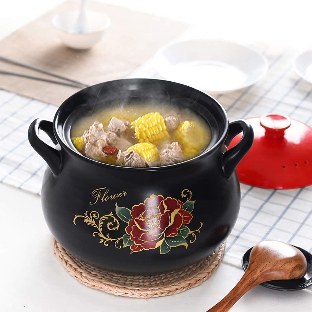 Casseruola Profonda in Ceramica con Coperchio, pentola di Terracotta, pentola di Terracotta, pentola per zuppa, Calda per Cottura lenta, 6,3 Litri, Colore: Nero