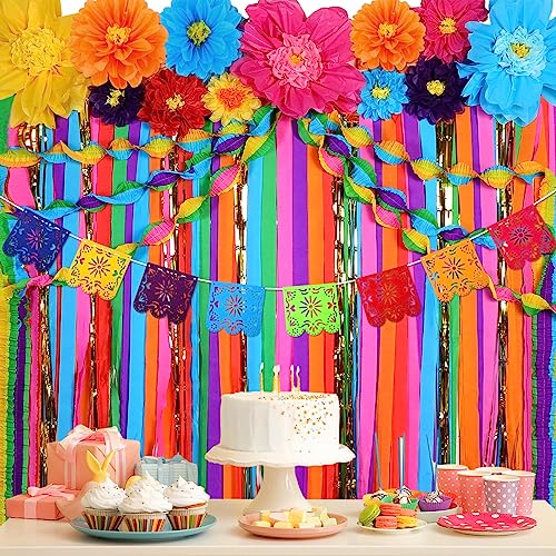 Image of TaoBary 28 Pcs Mexican Party Decorations Set Mexican Paper Flowers Fiesta Ruffled Streamer Backdrop Papel Picado Banner Mexico Party Decorations for Cinco De Mayo Decor(Multicolored,Classic)