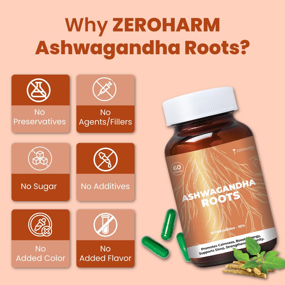 ZEROHARM Nano Ashwagandha Root Capsules with 10% Withanolides | Pure Root Extract | Supports Stress Relief, Deep Sleep & Natural Focus, Strength, Clarity | Adaptogenic for Men & Women | 60 Capsules — Amazon image 9