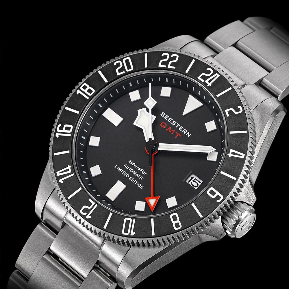 Seestern S462 Automatik Titan GMT Schwarz Datum Saphir 24h Herrenuhr, blau, Armband
