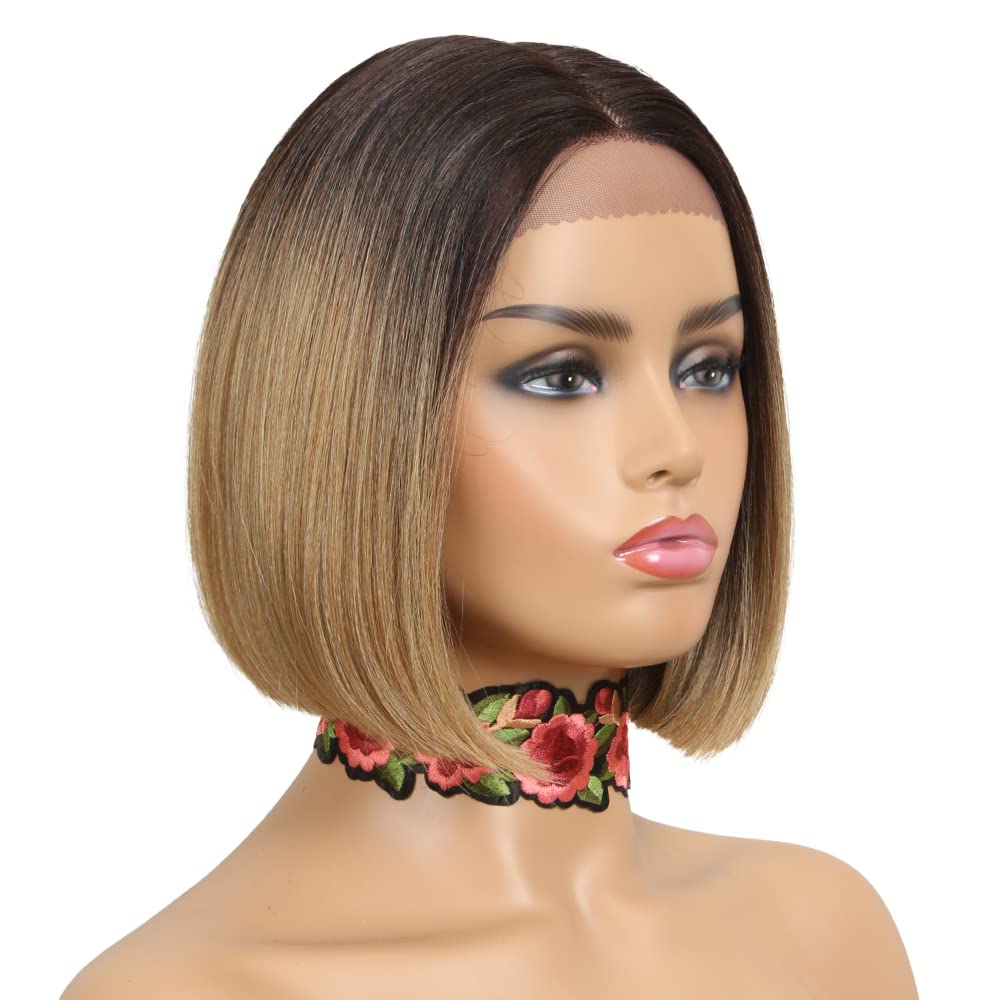 NOBLE Bob Wigs for Women Short T Part HD Lace Front Wigs Ombre Brown Blonde Synthetic Blunt Cut Bob Lace Front Wigs for Party and Daily Use 10 Inch