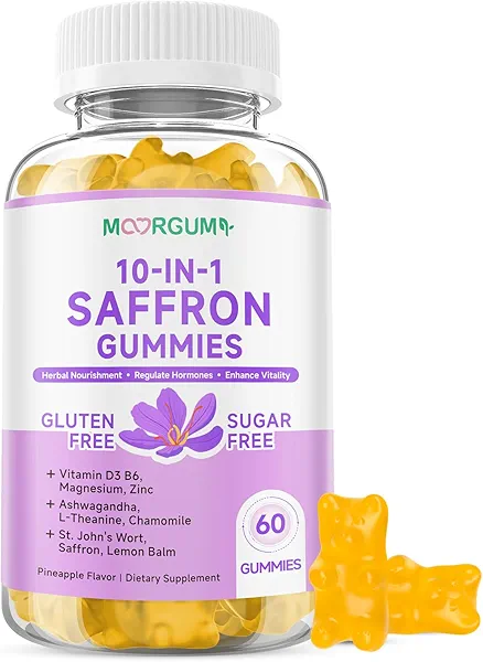Saffron Gummies for Adult Kids, 10-IN-1 Regulate Cortisol Supplement with Saffron 88.5mg, Vitamin D3, B6, Magnesium, Zinc, Ashwagandha, L-Theanine, St. John's Wort, For Emotions, Slumber, 60 Count