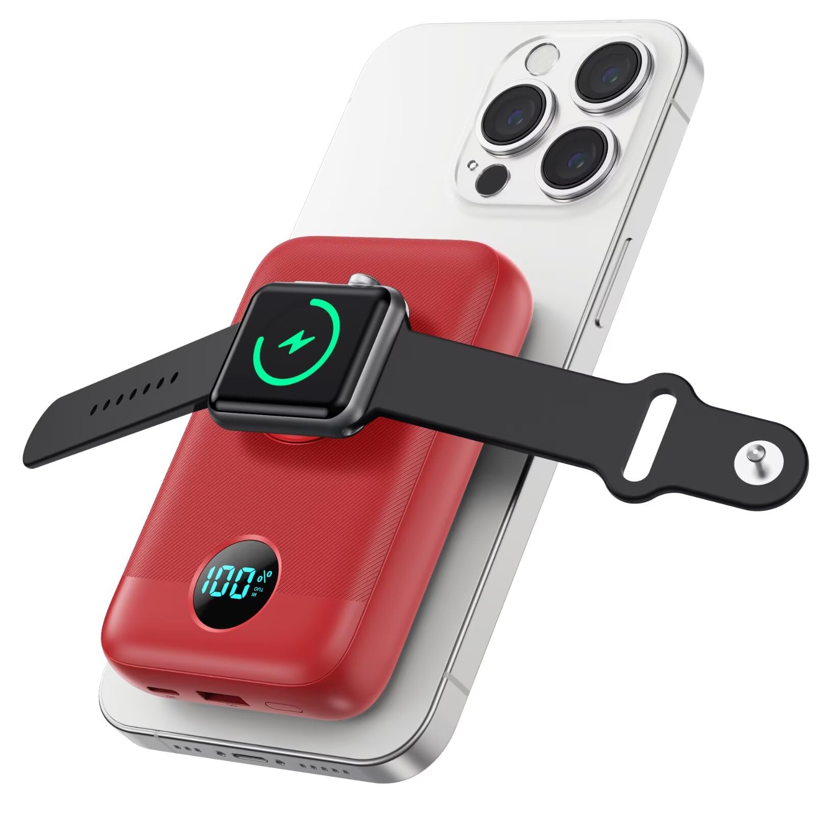 GKUTW Magnetic Portable Charger for iPhone, 10800mAh 4-in-1 Wireless Power Bank with iWatch Charger, 25W PD Fast Charging Battery Pack for Magsafe, iPhone 16/15/14/13/12 Series, Apple Watch (Red)