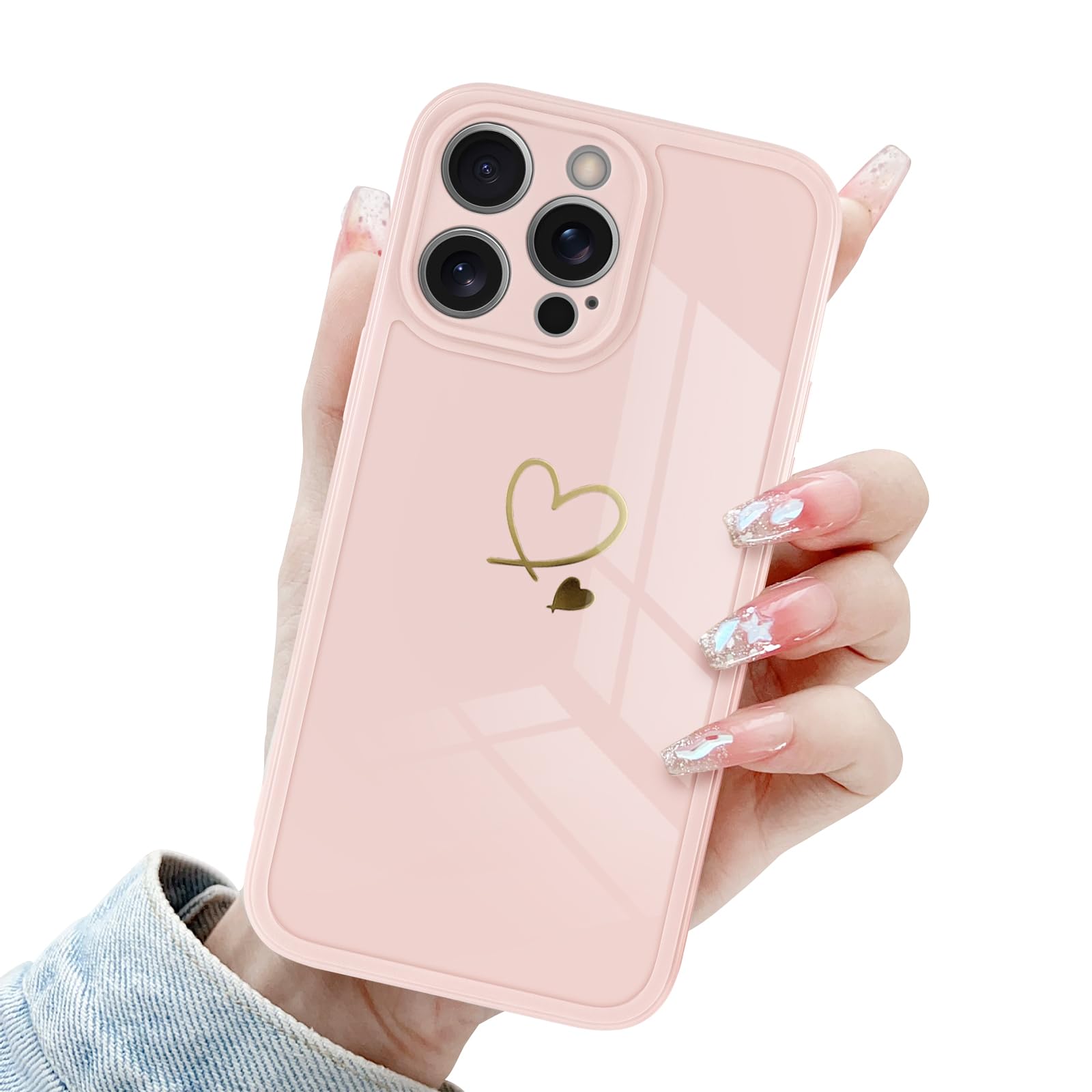 Case for iPhone 15 Pro Max, Cute Gold Love Heart Pattern Design Phone Case for Women Girls Soft Slim Flexible Silicone Shockproof Camera Protection Bumper Cover for iPhone 15 Pro Max -Pink
