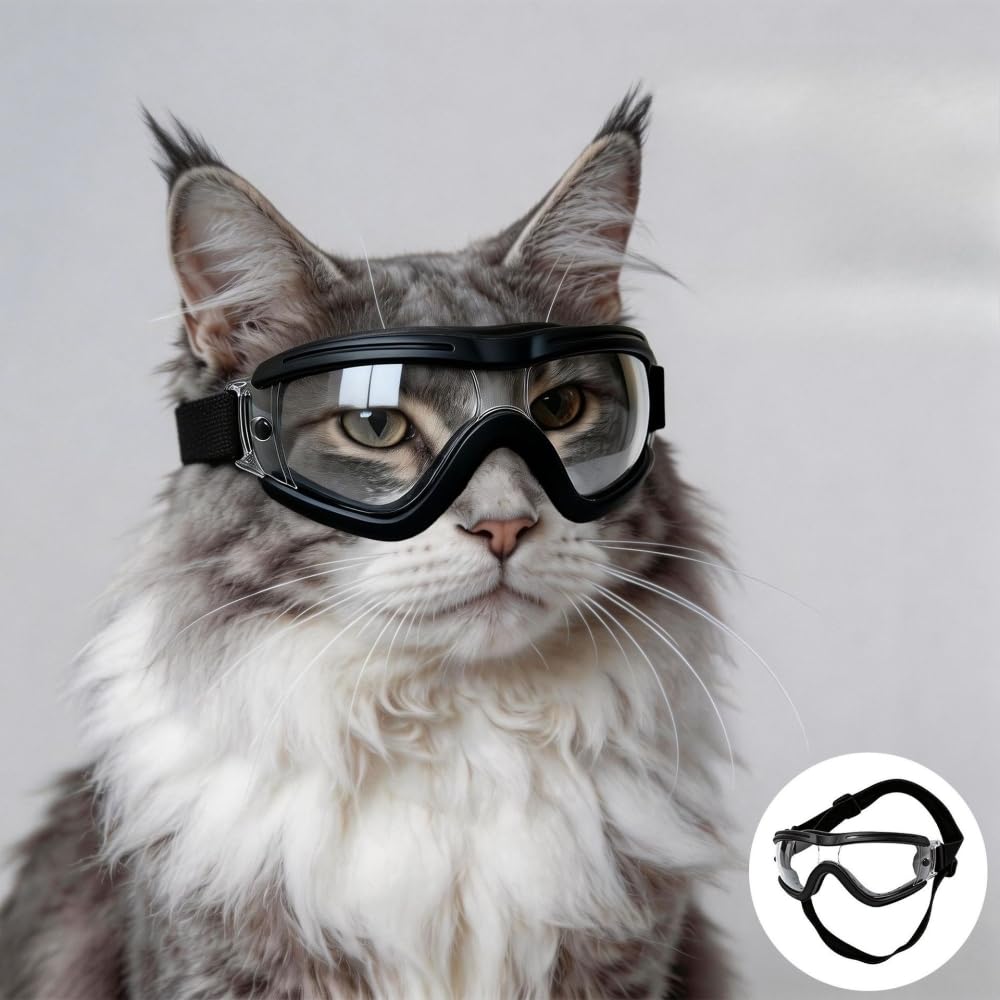 DYRBF Okulary przeciwsłoneczne dla zwierząt domowych dla małych psów i kotów, jednoczęściowe okulary przeciwsłoneczne z zakrzywioną oprawką z regulowanym paskiem, ochrona przed promieniowaniem UV