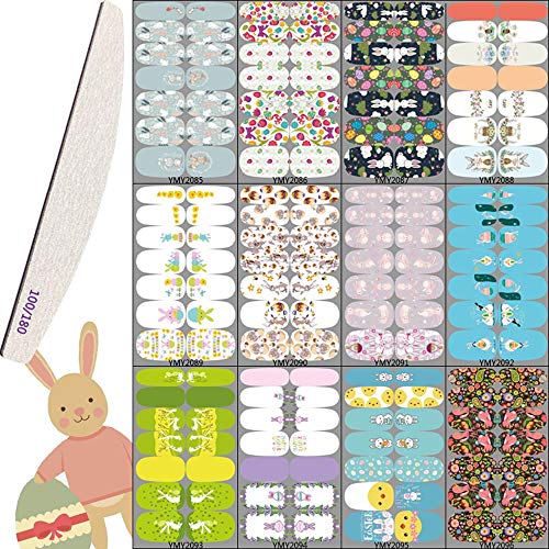SeBeauty Easter Nail Polish Stickers Strips Nail Art Stickers Bunny Full Nail Wrap Eggs Self Adhesive Nail Decals Nail Supplies with Nail Files for Women Girls Nail Decorations 12 Sheets