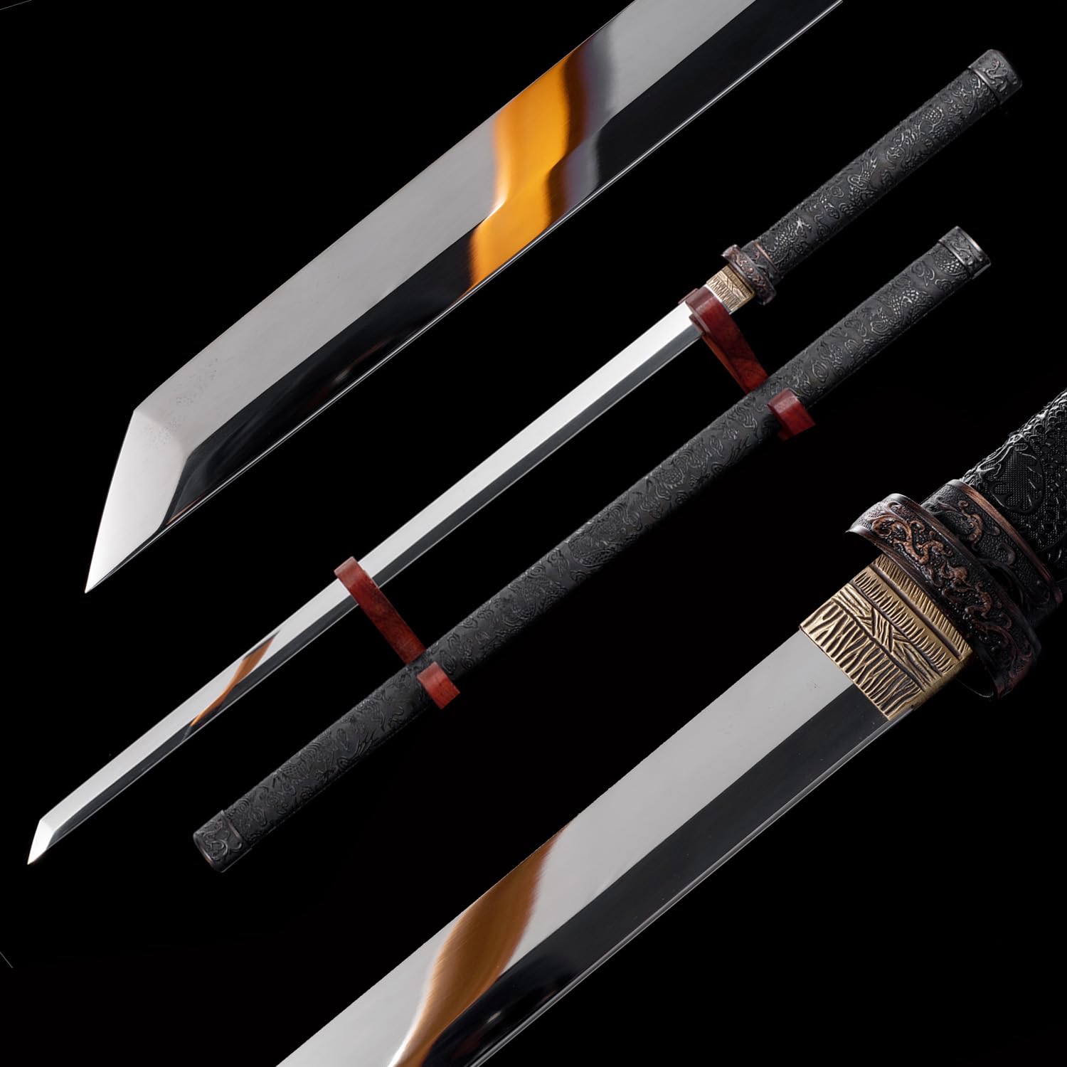HERO SWORD Black Dragon Katana Handmade Very Sharp Mirror Blade Samurai Sword Straight Japanese Knives T10 Steel Full Tang Blade Cool Ninja Sword for Mens Real Weapon Combat Ready