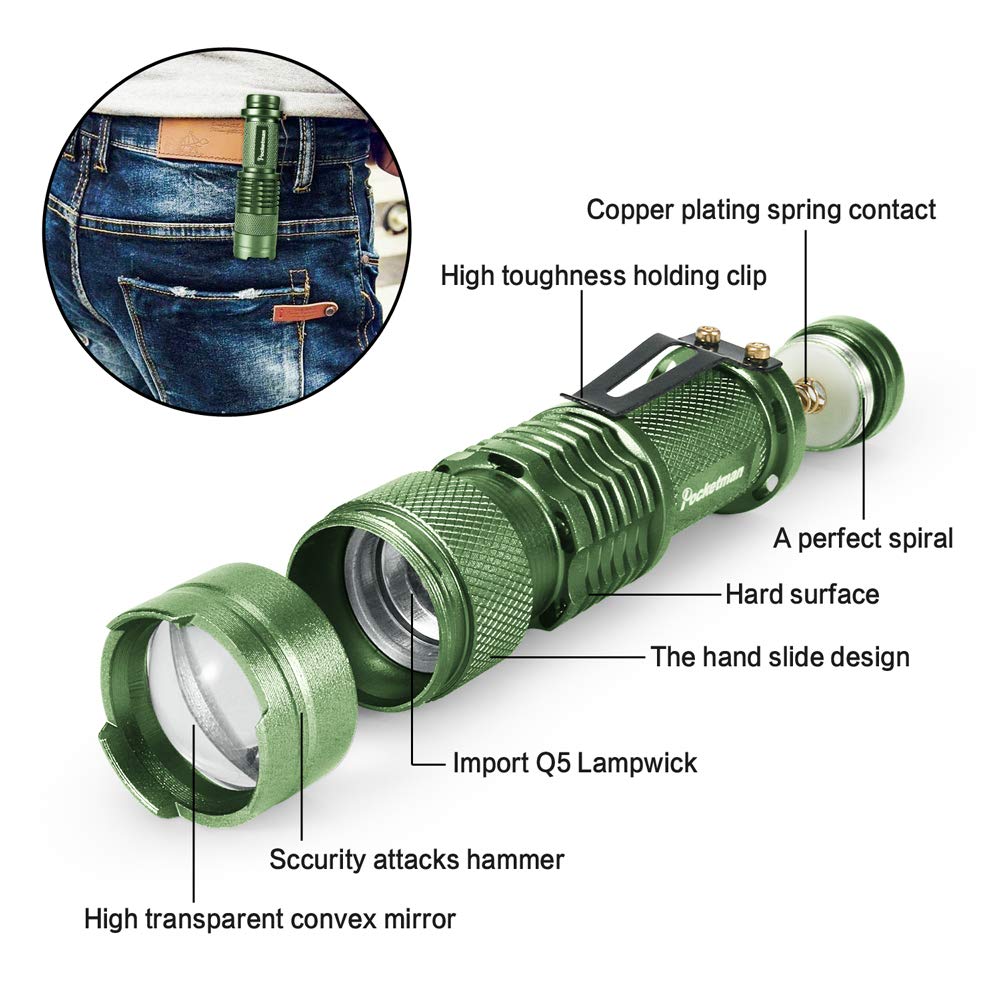 Mini Lampe Torche LED 300 Lumens - Zoomable, Étanche, Porte-Clés (Lot De 5)