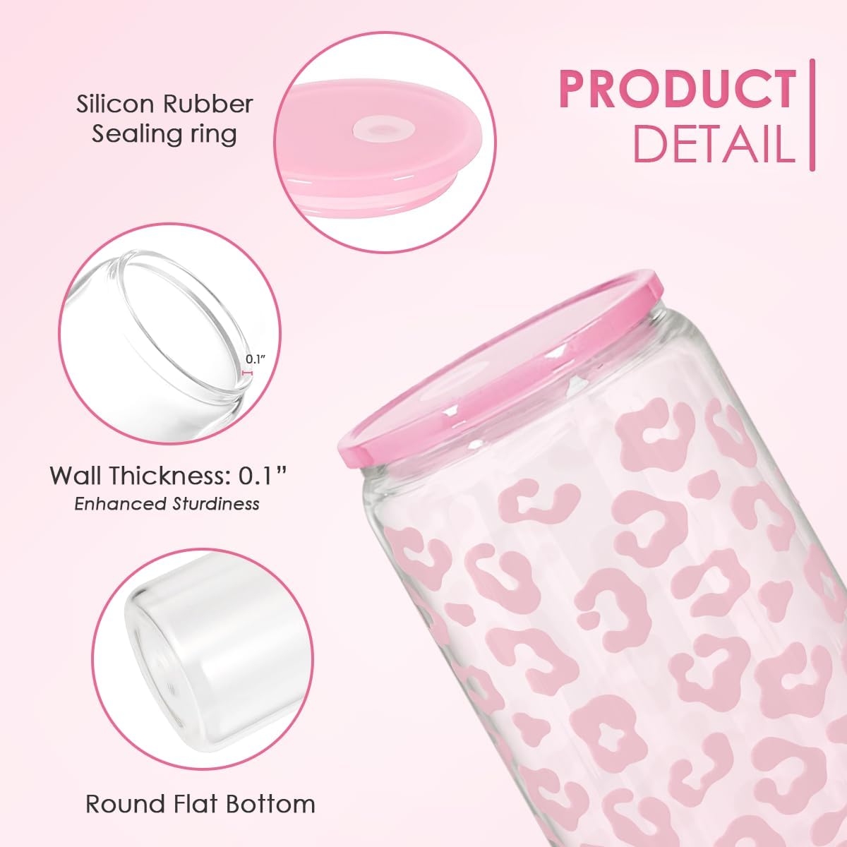 SANDJEST Leopard Glass Bottle, Pink Leopard Print Glass Cup with Lid & Straw, Iced Coffee Aesthetic Glass Can, Gifts for Women, Christmas Birthday Mother's Day - Image 4